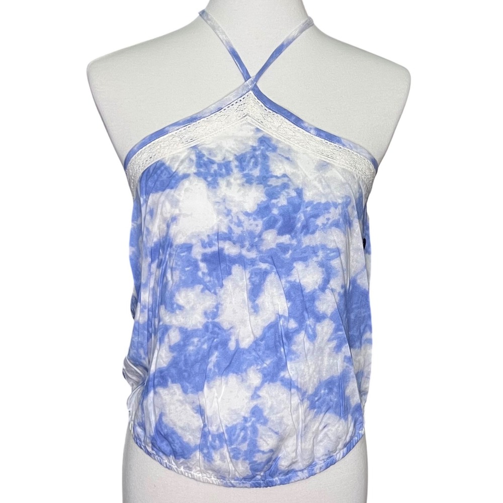Hollister Blue White Tie Dye Halter‎ Top Crochet Lace Trim Y2K Boho Beach NEW M
